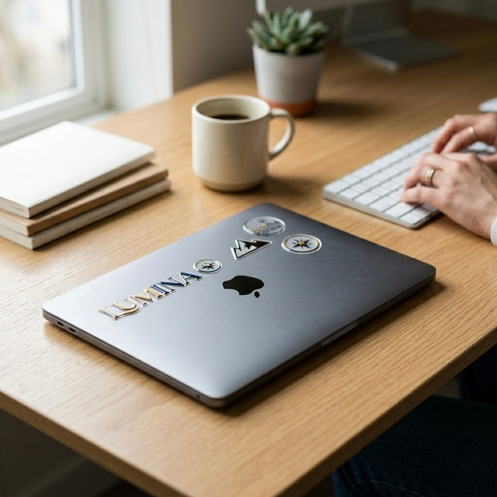 Multiple custom UV DTF stickers applied on closed MacBook on a wooden desk — premium logo stickers for small businesses in Egypt